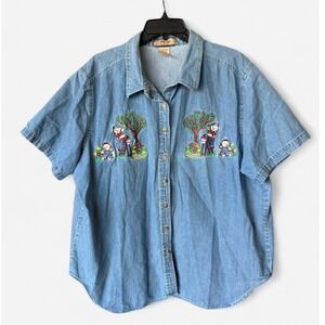 Just My Size Denim Shirt Blue Embroidered Teddy Bear Short Sleeve Plus 18W